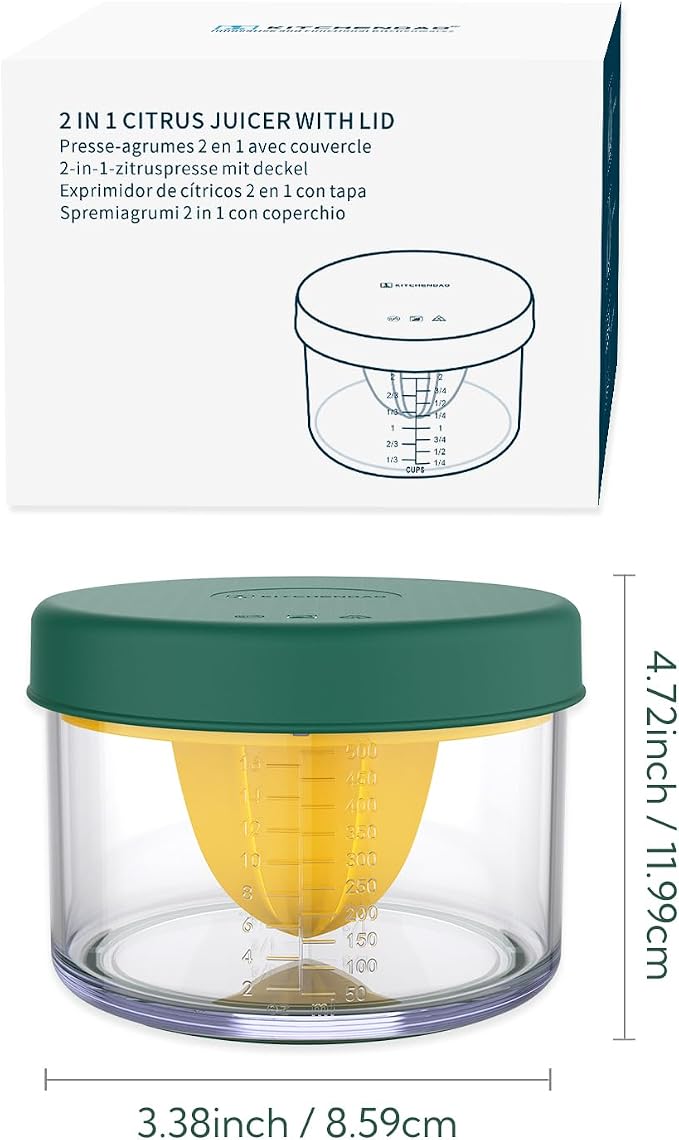 KITCHENDAO 2 in 1 Lemon Orange Citrus Juicer with lid for Sanitary Storage, Manual Hand Squeezer with Built-in 16OZ Measuring Cup, Multi-function Manual Juicer with Reamers and Non-Slip Base, BPA Free