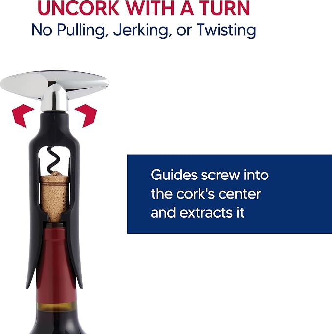 HIC Kitchen Bar Soft-Touch Winged Corkscrew, Easy Removal For Natural And Synthetic Corks, Extra-Long Worm, Built-In Bottle Opener, Wine Accessory