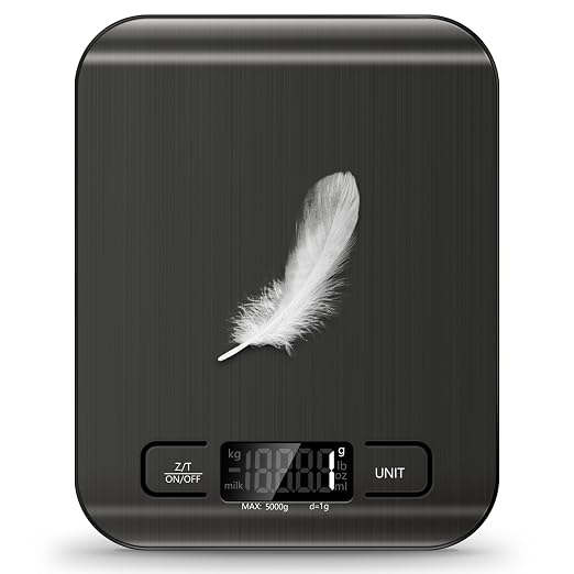Food Scale, 11lb Kitchen Scale, 0.05oz/1g Weight Grams and Ounces, Black | 6 Conversion units,Automatic overload,Low battery warning modes,2*AAA Batteries,for Baking, Cooking,Dieting and Meal Prep