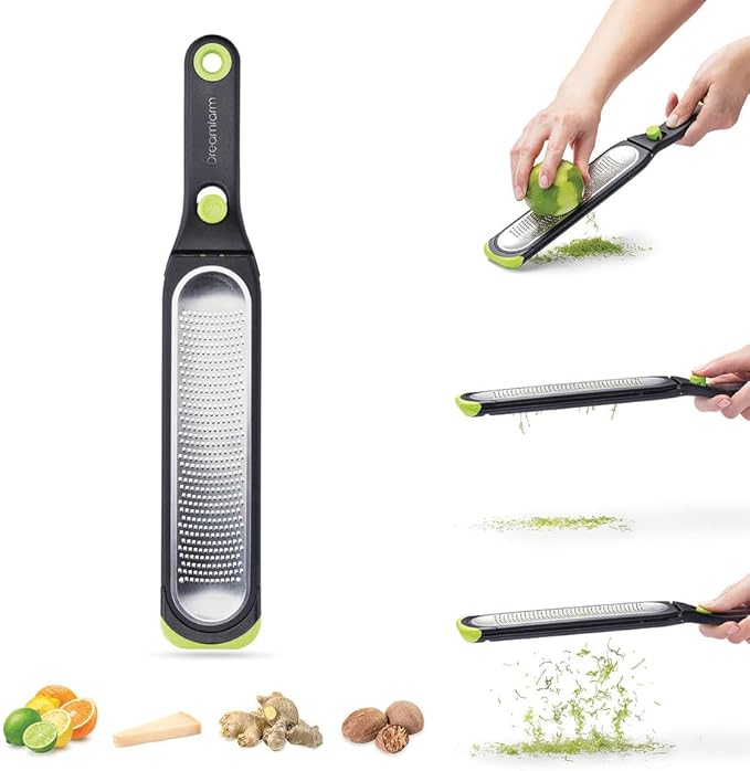 Dreamfarm Ozest Self-Cleaning Zester with Pop Button - 1mm Fine Zesting | Grates fine, citrus zest, parmesan, nutmeg and spices with concave, sharp stainless steel plane and non-slip silicone foot
