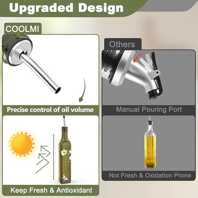 COOLMI Oil and Vinegar Dispenser Set - 17oz/500ML Premium Glass Olive Oil Dispenser Bottles for Kitchen, Oil Dispenser for Kitchen(Daisy)