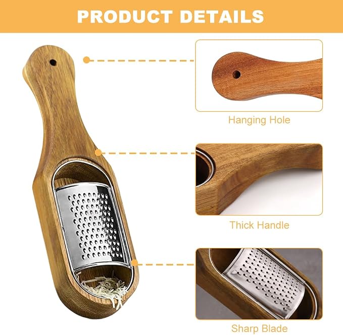 Cheese Grater With Container Stainless Steel Cheese Shredder With Wooden Handle Shredder Zester Grater Box Kitchen Handheld Cheese Spoon Grater for Cheese,Lemon,Chocolate