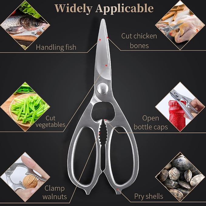 Multi-Purpose Kitchen Scissors, Premium Stainless Steel Solid Kitchen Shears for Can Opener, Walnut Cracker, Heavy Duty Poultry Scissors with Sharp Blade for Cutting Turkey, Chicken, Bones