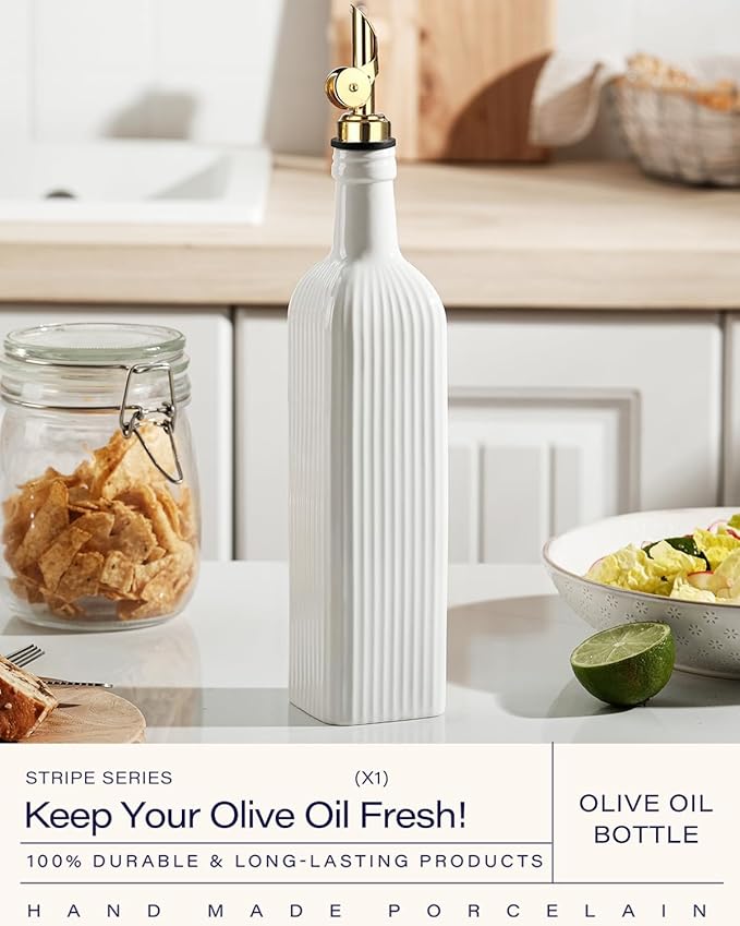 getstar 18 OZ Olive Oil Dispenser Bottle For Kithen with Golden Pourer | Ceramic, Automatic Stainless Steel Pourer, For Kitchen