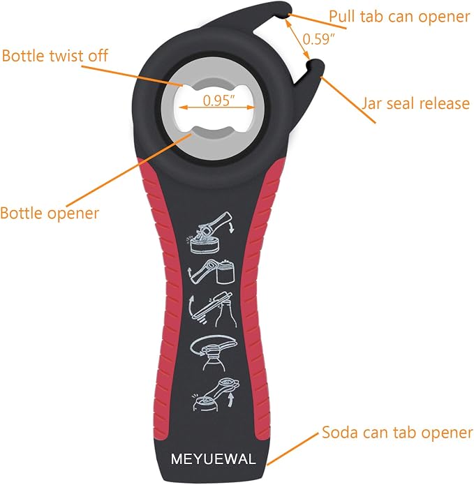 Jar Opener Bottle Opener for Weak Hands, 5 in 1 Multi Function Can Opener Bottle Opener Kit with Silicone Handle Easy to Use for Children, Elderly and Arthritis Sufferers (New red)