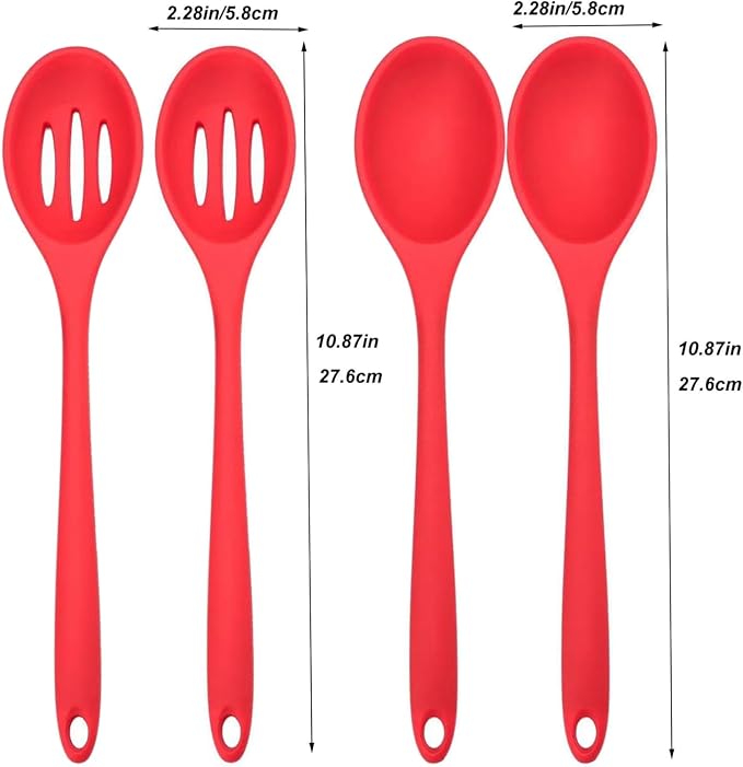 4PCS Kitchen Silicone Cooking Spoon,Nonstick Mixing Serving Spoons Set for Cooking,Slotted and Solid Serving Spoon Heat Resistant,Silicone Mixing Basting Stirring Spoons for Bake Stir Cookware (Red)
