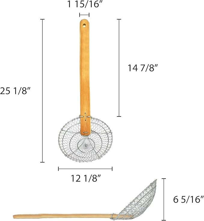 TrueCraftware- 12” Coarse Mesh Skimmer Galvanized Steel with Natural Bamboo Handle- Spider Strainer Ladle Kitchen Frying Food Pasta Spaghetti for Cooking and Frying Pasta Strainer Spoon