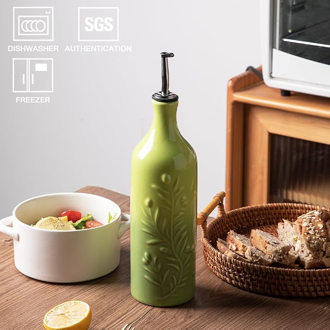 Sweejar Large Olive Oil Dispenser Bottle, 24 Oz Ceramic, Modern Relief Design, Dishwasher Safe, Gradient Green
