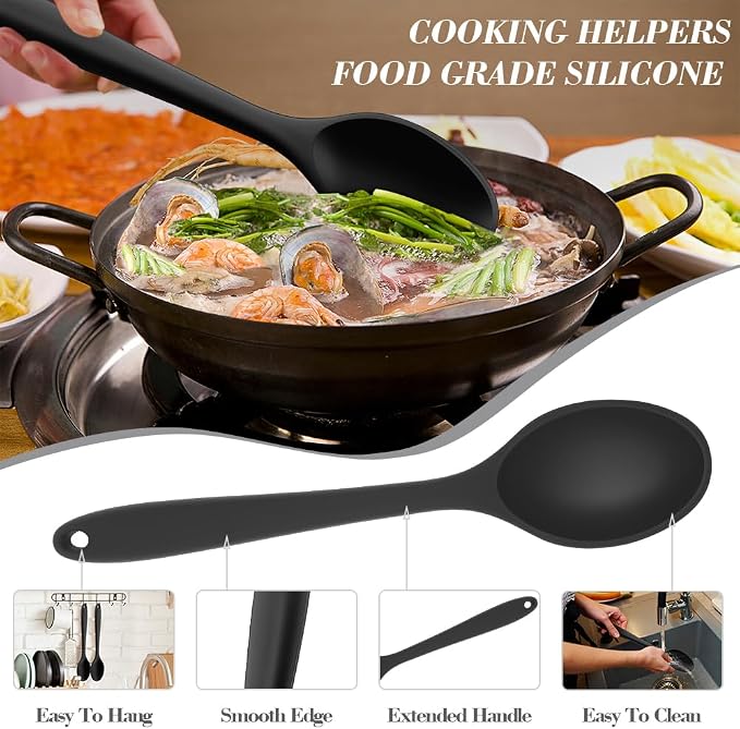 Silicone Spoons for Cooking, 2 Pcs Black Large Serving Spoon Heat Resistant Cooking Spoon Utensils Nonstick Mixing Kitchen Spoons for Cooking, Baking, Serving, Mixing and Stirring, Dishwasher Safe