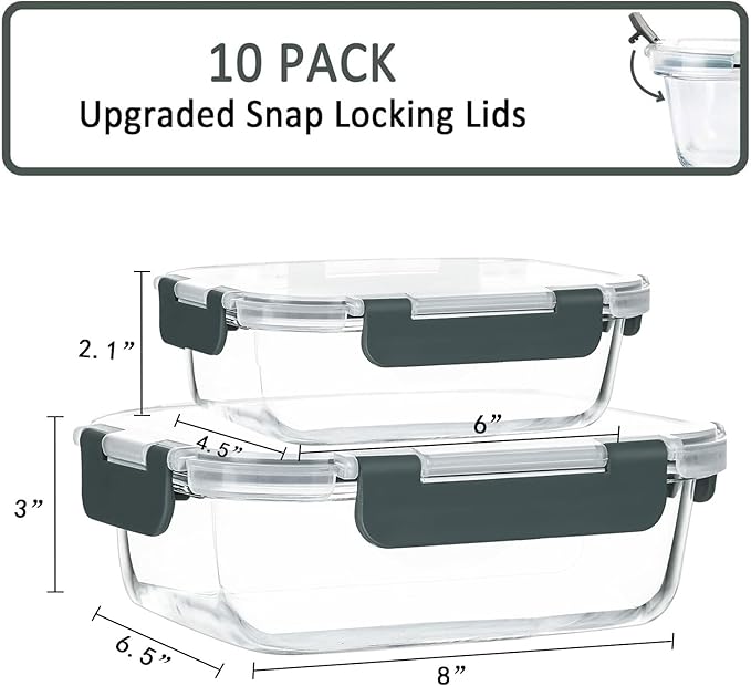 M MCIRCO 10 Pack Glass Food Storage Containers with Lids, Gray | Glass Meal Prep Containers,Airtight Lunch Containers with Lids, Microwave, Oven, Freezer and Dishwasher Friendly, BPA Free