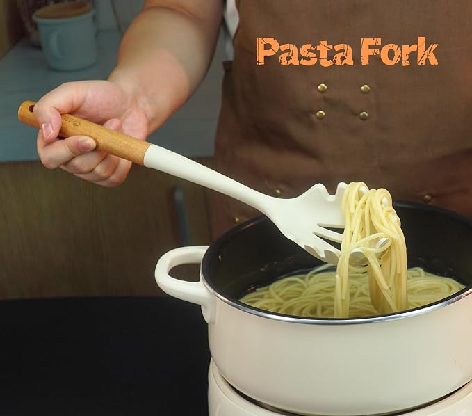 Silicone Cooking Spoon and Pasta Fork Set, 2 Pack Large Spatula Spoons Set with Wooden Handle, Heat Resistant Multifunction Spoon for Cooking, Serving and Mixing Spaghetti (White)
