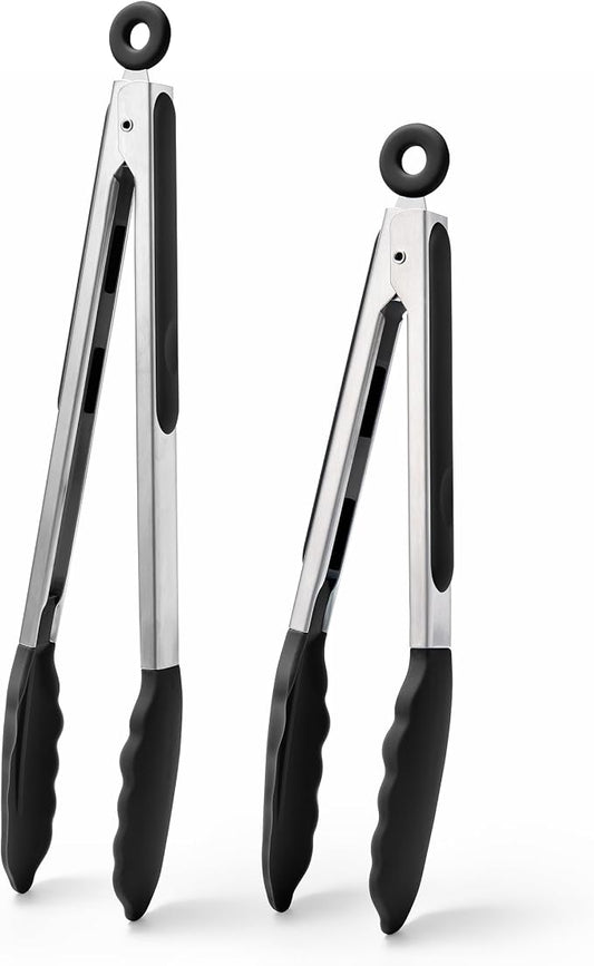 Doosu Kitchen Tongs for Cooking - 600°F Heat Resistant Food Tong Set with Non-Scratch Silicone Tips, Heavy Duty Stainless Steel Locking Tong for BBQ, Grilling Steak, Serving Salad (9+12in, Black)