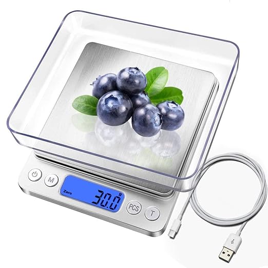 Food Scale, Rechargeable Kitchen Scale with Trays 3000g/0.1g, Mini Scale with Tare Function Digital Scale Grams and Ounces for Weight Loss, Dieting, Cooking, Meal Prep, Coffee, Jewelry