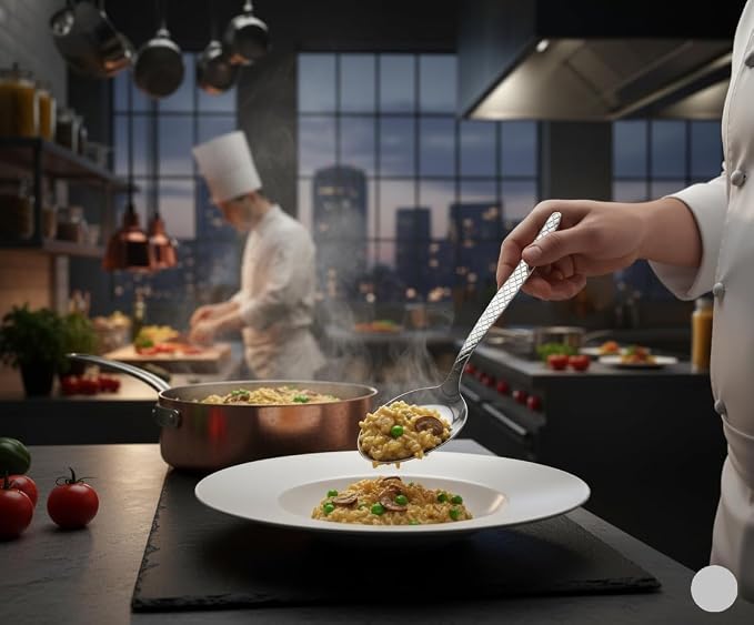 Chef Kunz Spoon | Pack of 2 | 9 inch 18/10 Stainless Steel Silver Plating Spoon | Non-Slip Grip Spoons for Basting, Quenelle, Serving, Sauces (Medium 2, kunz Spoon Set (2 piece)
