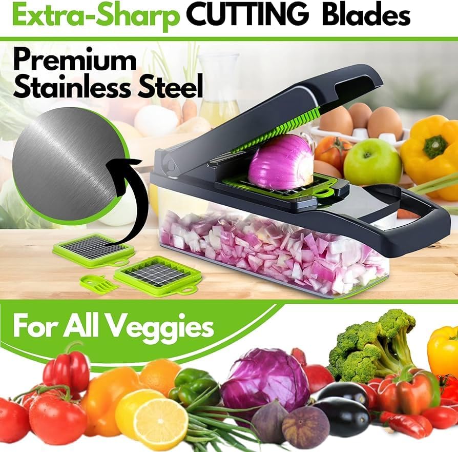 Vegetable Chopper Pro 16 in 1 Manual Mandoline Slicer, Onion Chopper Professional food multifuntional with Stainless Steel Blades and container & Bonus Eco-Friendly Storage Bags