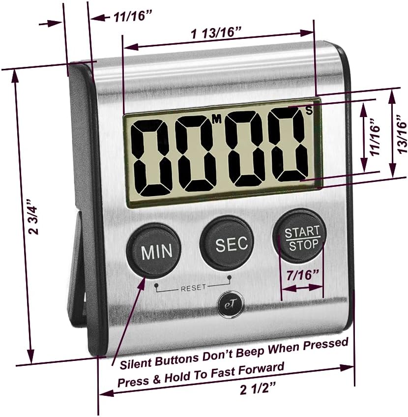 Elegant Digital Kitchen Timer Stainless Steel - Loud Alarm - Model eT-23 (Pack of 2)