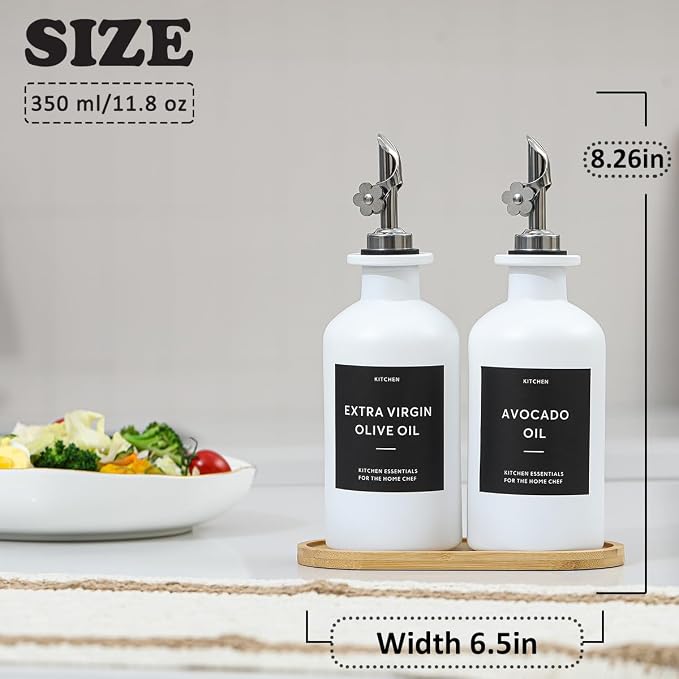 HOMCDALY Olive Oil Dispenser for Kitchen, 12oz Glass kitchen Dispenser Bottle, White Oil&Vinegar Cruet Set, Leakproof Oil Bottle for Cooking| Set of 2 (12oz – White)