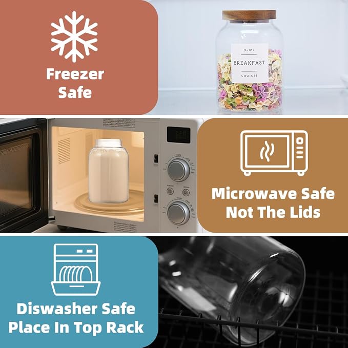 2 Pack Glass Food Storage Containers with Airtight Acacia Wood Lids and 132 Kitchen Pantey Labels Preprint - 43 LF OZ Borosilicate Glass Canister Sets for Food,Coffee,Cookie,Tea,Candy,Sugar