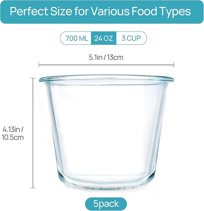 Vtopmart 5 Pack 3 Cup Glass Soup Container Set with Airtight Lids | Meal Prep Freezer Containers, Glass Food Storage Jar for Salad, Fruit, Lunch, Leftover, BPA-Free, Microwave, Dishwasher Safe