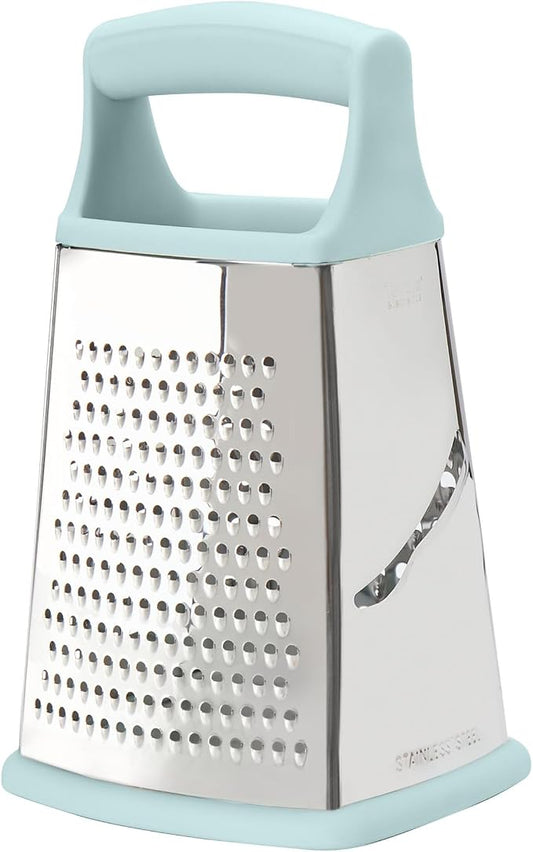 Tovolo Box Grater 4 Sided Large Stainless Steel Cheese Grater for Shredding Vegetables and Zesting, Easy to Clean Dishwasher Safe Box Grater with Ergonomic Handle and Non Slip Base, Blue Haze
