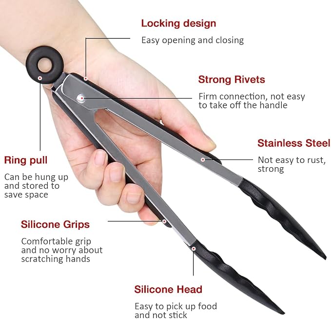 9 Inch Kitchen Tongs with Silicone Tips Set of 3(Black) | Stainless Steel Handle, Non-Scratch, Heat Resistant