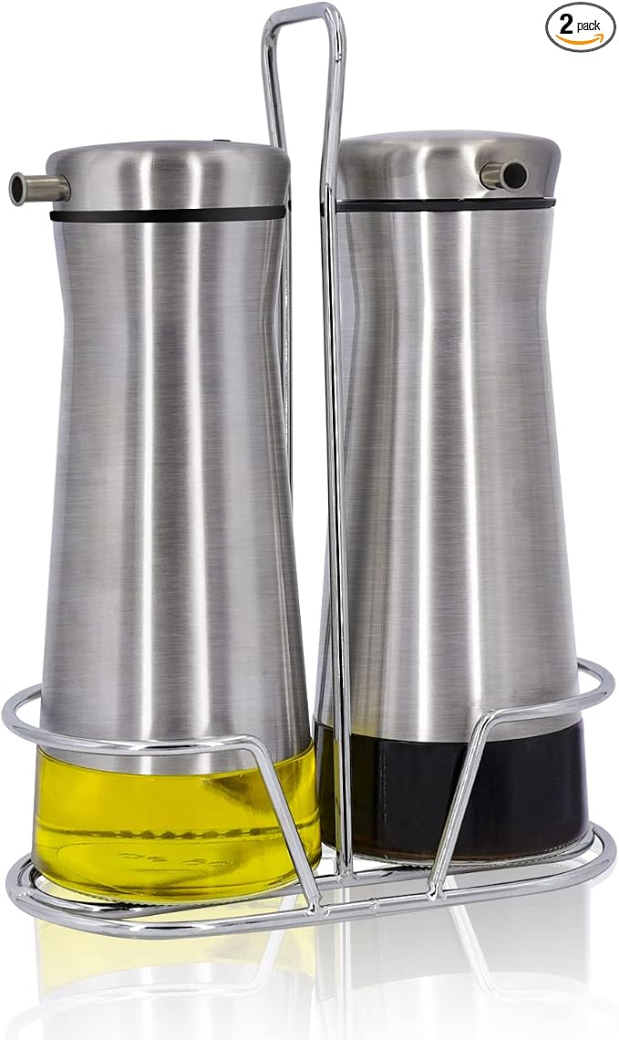 Aelga Oil And Vinegar Dispenser Set with Caddy - 2 Pack Oil Dispenser Bottle for Kitchen with No-Drip - Kitchen Decor and Accessories for Home Restaurants Weddings