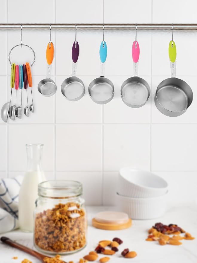 Joyhill Stainless Steel Measuring Cups and Spoons Set of 10 Piece, Nesting Metal Measuring Cups Set with Soft Touch Silicone Handles for Dry and Liquid Ingredients, Cooking & Baking (Colorful) | BPA-Free Silicone Handles, Etched Markings, Nestable Desi...