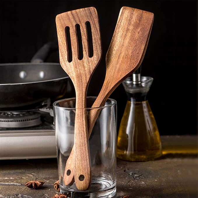 5 Pcs Best Wooden Spoons for Cooking Kitchen Utensils Set Acacia Wood Cooking Spatula Turner Non Toxic Utensil Slotted Serving Spoon Flat Spatulas Set Wooden Utensis Mixing Cooking Spoon