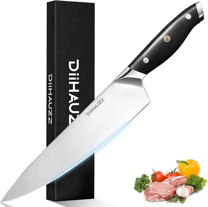 DiiHAUZZ Chef Knife, 8 Inch Ultra Sharp Kitchen Knife, Professional High Carbon Steel Chefs Knife with Full-Tang Ergonomic Handle for Meat Cutting, Vegetable Slicing and Chopping, Gift Box