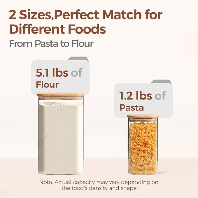 ComSaf Glass Storage Containers with Bamboo Lids 1.6/4.6 Qt 2 Pack | Pantry Organization, Flour Sugar Coffee Beans, Pasta Cereal Dry Food, Large Capacity, Cabinet Organization, Food Storage Jar