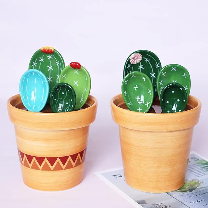 Ceramic Cactus Measuring Spoons with Holder Set of 5 Baking Measuring Spoons for Wet & Dry Ingredients Cactus Figurine Dishwasher Safe Mixed Colors 1 Tbsp 1 TSP 1/2 TSP 1/4 TSP 1 Cup Yellow