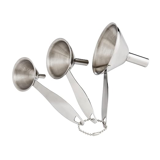 HIC Kitchen Condiment Funnels with Handles, Stainless Steel, Set of 3, 0.5-Ounces, 0.75-Ounces, and 2-Ounce Capacities