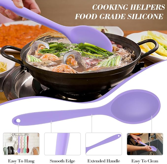 Silicone Spoons for Cooking, 4 Pcs Large Serving Spoon Heat Resistant Cooking Spoon Utensils Nonstick Mixing Kitchen Spoons for Baking Serving Mixing and Stirring Dishwasher Safe,Red,Pink,Green,Purple