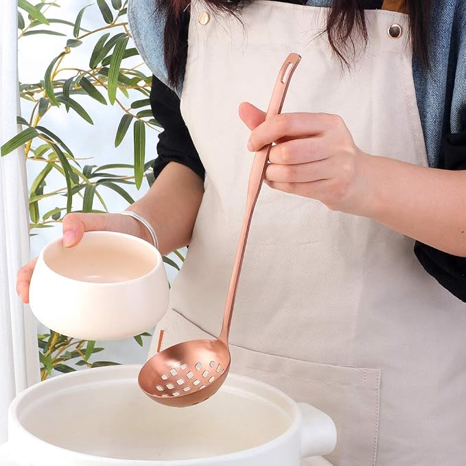 2 Pcs Soup Ladle Colander, Rose Gold Frosting Flatware Cookware Serving Long Handle Steel Slotted Spoon Cooking Utensil Set for Hotpot