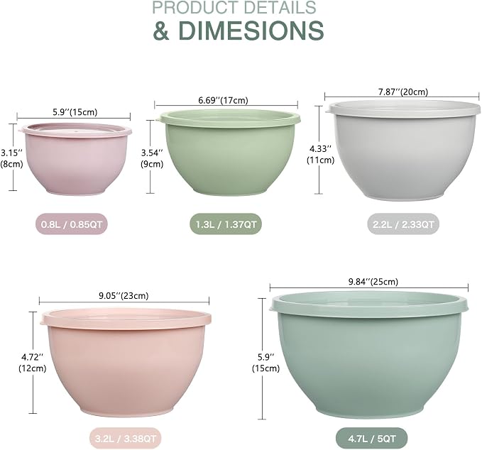 Greentainer Plastic Mixing Bowls with Lids Set for Kitchen, 5 Set Nesting Bowls for Mixing, Baking, Prepping, Cooking and Serving Food, Mixing Bowls Dishwasher, Microwave Safe