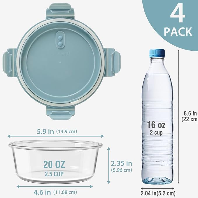 2.5 Cup/20oz Glass Meal Prep Food Storage Containers with lids Set, 4 Pack | Airtight Leakproof丨Borosilicate Glass丨Food Grade丨Heat-Resistant丨BPA-Free丨Oven Microwave Dishwasher Freezer Safe丨Round