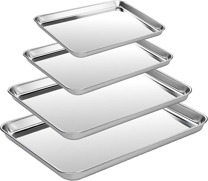 CEKEE Baking Sheet Set of 4, Stainless Steel Cookie Sheets for Baking, 0.8mm Heavy Duty Nonstick Baking Pans, 9/10/12/16 Inch Baking Trays for Oven, Non Toxic & Mirror Finish & Easy Clean