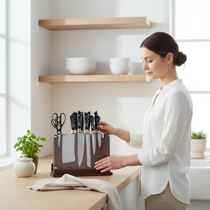 Magnetic Knife Holder 14x10 Inches Extra Large Size with Knife Sharpener Wooden Double Sided Magnetic Knife Block for Kitchen Counter with Cutting Board Slot & Acrylic safety shieldf, Sturdy & Durable