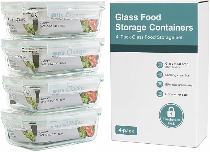 Glass Food Storage Containers, 4pk-28oz, Transparent Lids | Locking Lids, Meal Prep Containers, 1 Compartment, BPA Free and Dishwasher Safe