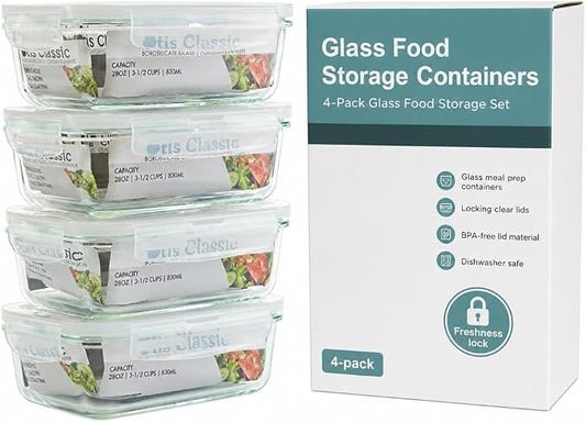 Glass Food Storage Containers, 4pk-28oz, Transparent Lids | Locking Lids, Meal Prep Containers, 1 Compartment, BPA Free and Dishwasher Safe