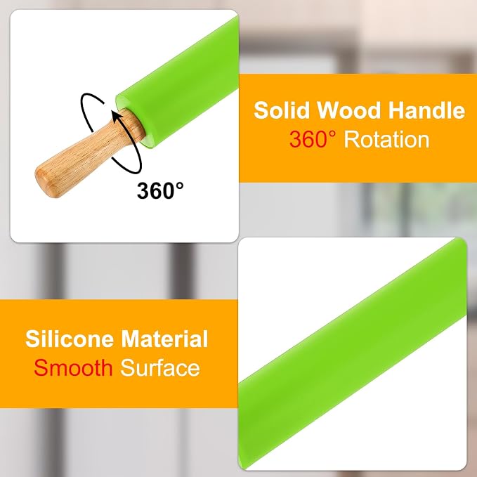 uxcell 9.6 Inch Silicone Rolling Pin, Small Dough Roller with Wood Handle for Pizza Pastry Fondant Kitchen, Green