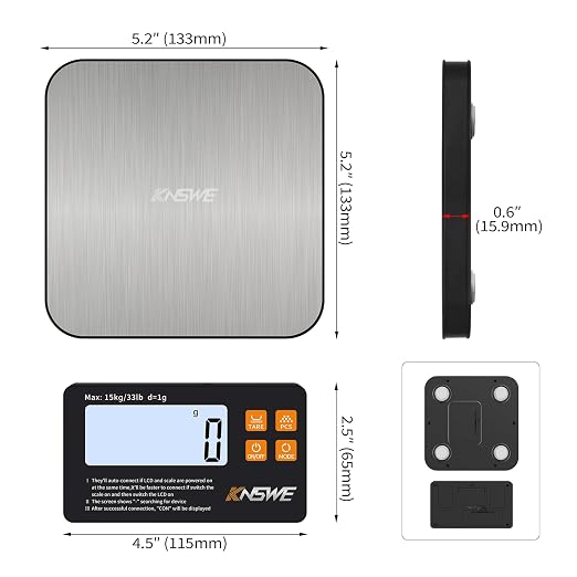 Food Scales with Split Wireless LCD Display 33lb/15kg Digital Kitchen Scale 304 Stainless Steel 1g High Precision 7 Units for Cooking Baking Electric Weighing Coffee with PCS Tare Function