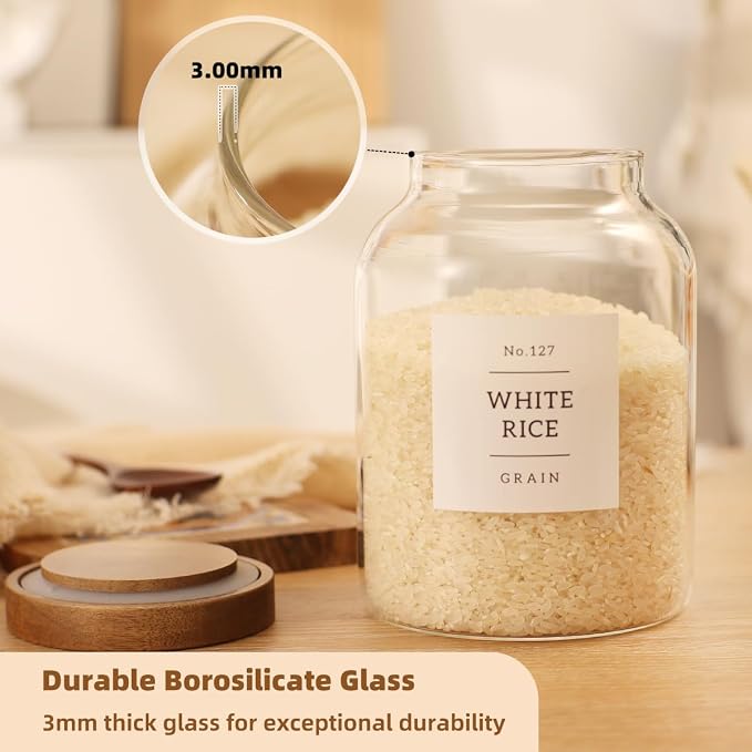 2 Pack Glass Food Storage Containers with Airtight Acacia Wood Lids and 132 Kitchen Pantey Labels Preprint - 43 LF OZ Borosilicate Glass Canister Sets for Food,Coffee,Cookie,Tea,Candy,Sugar