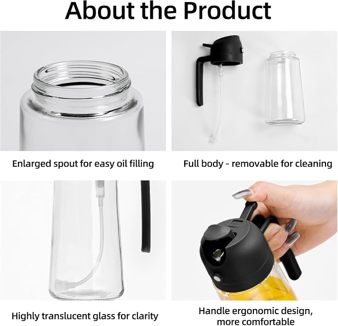 Aovdy Oil Sprayer for Cooking 16oz, 2 in 1 Olive Oil Dispenser and Oil Sprayer - 470ml Olive Bottle Spray and Pour - Glass Oil Dispenser for Kitchen Cooking Salad BBQ (2Pcs - White&Black)