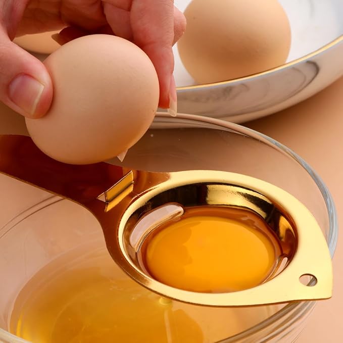 Stainless Steel Egg Yolk Separator with Long Handle, Egg Yolk White Separation Tool, Egg Strainer and Extractor for Cooking and Baking, Gold
