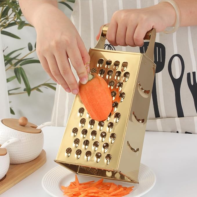 Handheld Cheese Grater Box for Kitchen, Stainless Steel 4 Sided Cheese Grater with Handle for Grinding Shredding & Slicing, Dishwasher Safe (Champagne Gold)
