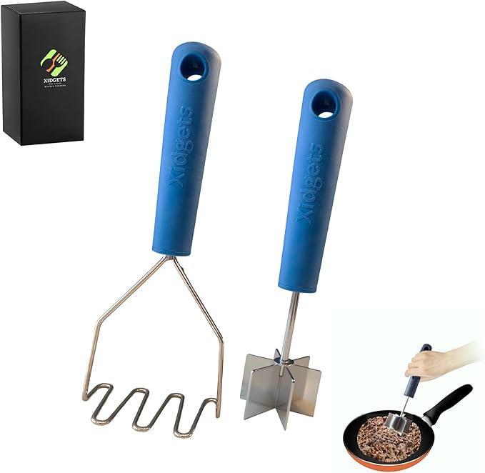 2pc Gift Set | Large Stainless Steel Meat Chopper/Cocktail Muddler & Potato Masher | 6-Blade Chopper Tool | Oversized Soft Grip Handle | Dishwasher Safe (Lagoon Blue/Lagoon blue)