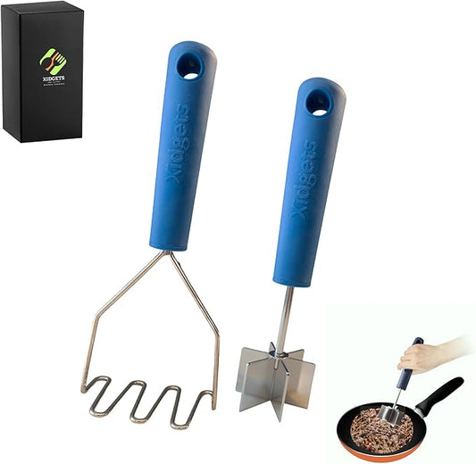2pc Gift Set | Large Stainless Steel Meat Chopper/Cocktail Muddler & Potato Masher | 6-Blade Chopper Tool | Oversized Soft Grip Handle | Dishwasher Safe (Lagoon Blue/Lagoon blue)