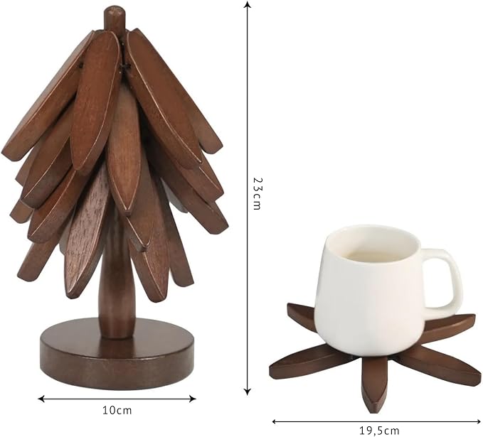 Wooden Trivet Tree for Hot Dishes, 4 Coasters + Stand, Walnut Finish | Foldable hot plate holder set with 4 wooden trivets and compact stand.