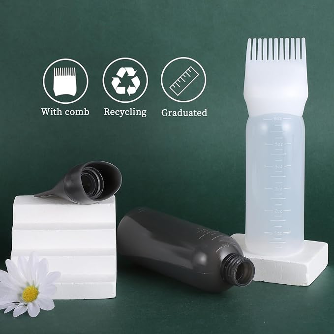 Pimoys 6Oz Root Comb Hair Dye Oil Applicator Bottles for Scalp, White | Plastic Squeeze Bottle Dispenser with Graduated Scale, Comb Tip Applicator For Hair Coloring and Scalp Oiling, Home Salon Use